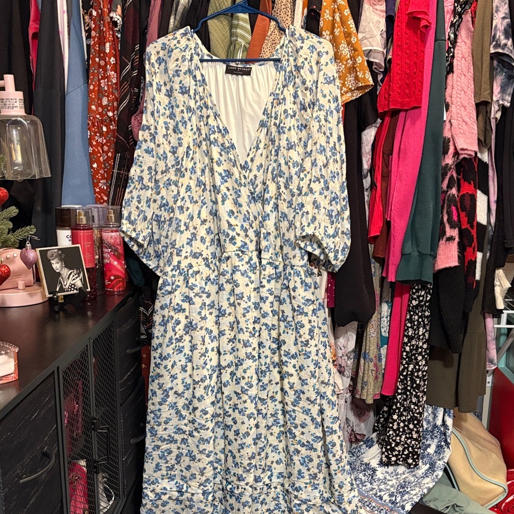 Lane Bryant Blue and White Floral Long Sleeve Dress